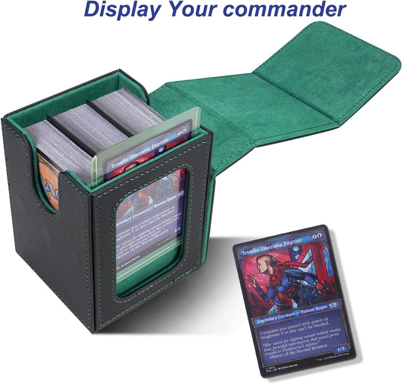 AFIING MTG Deck Box for Commander Display,Card Deck case Fits 100 Double Sleeved Cards,Magic Commander TCG Card Storage Box with 2 Dividers,Dice Bag and Toploader Black Green - Image 2